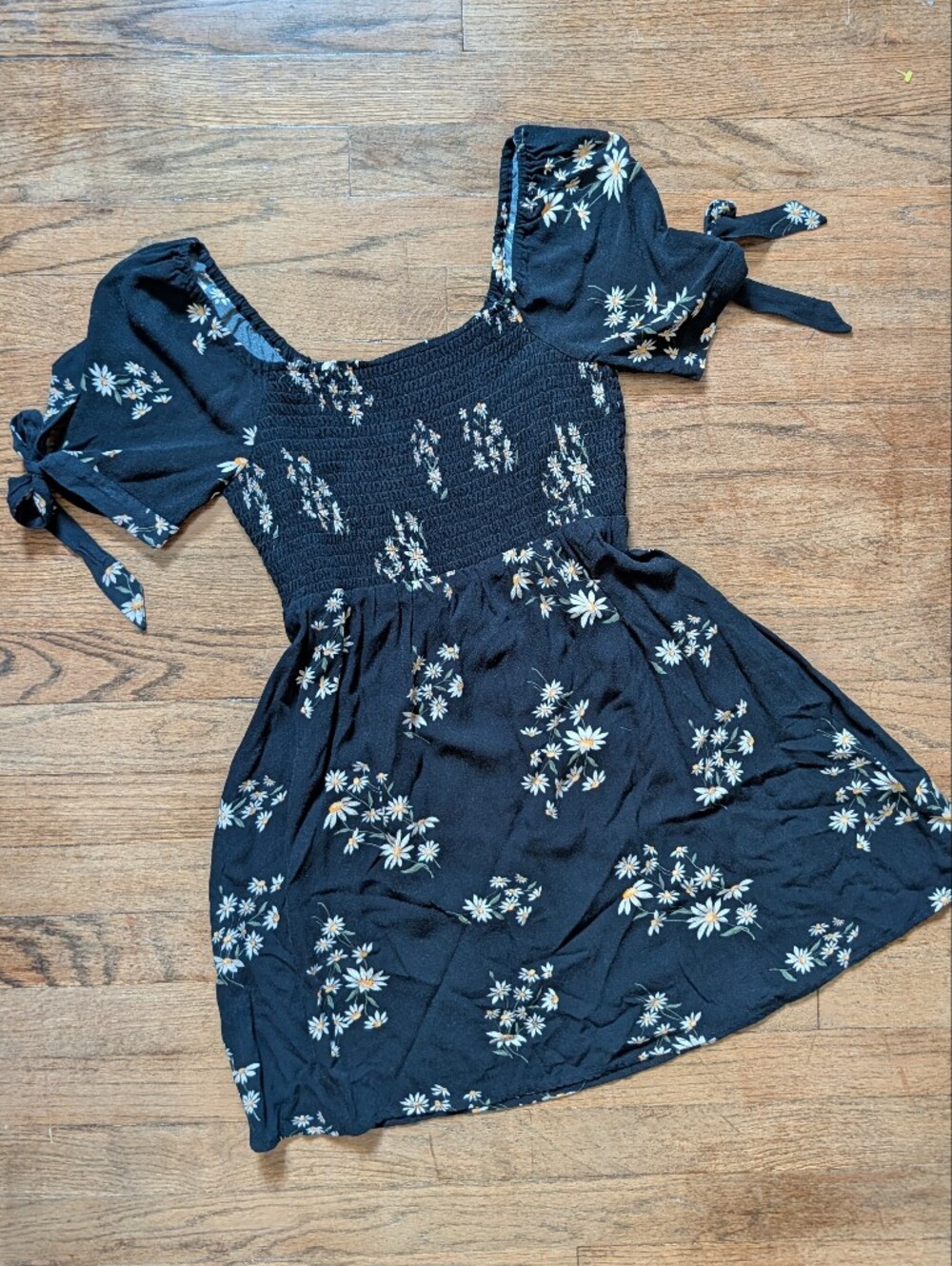 Black Floral Mini Dress with Smocked Top